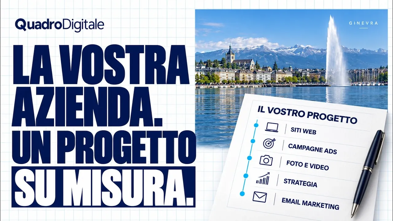 Anteprima video QuadroDigitale con il testo «La vostra azienda. Un progetto su misura.», una foto di Ginevra con il Jet d’Eau e un documento «Il vostro progetto» che elenca siti web, campagne ads, foto e video, strategia ed email marketing.