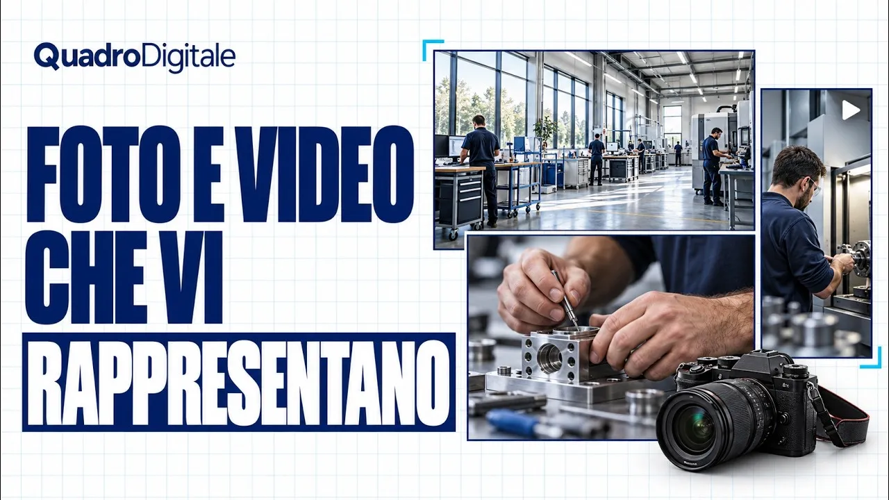 Anteprima video QuadroDigitale con il testo «Foto e video che vi rappresentano» e un collage di immagini di un’officina industriale con tecnici al lavoro e una fotocamera in primo piano.