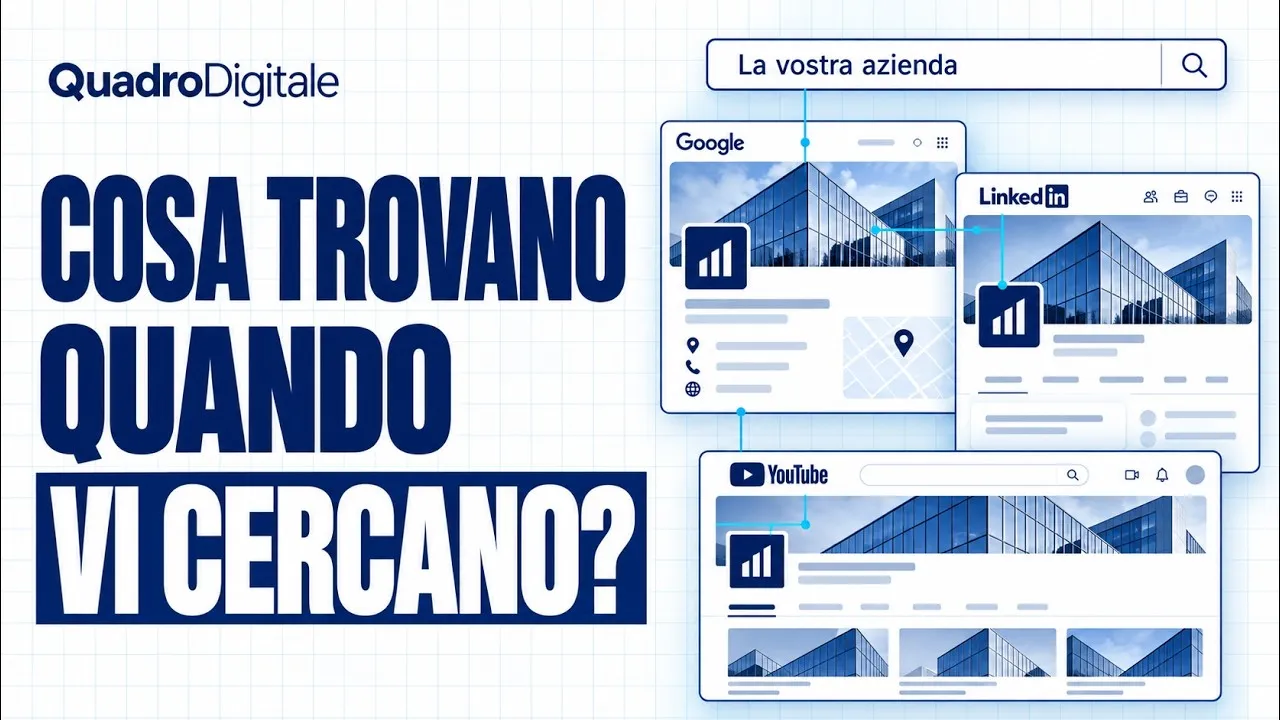 Anteprima video QuadroDigitale con il testo «Cosa trovano quando vi cercano?» e le schede «La vostra azienda» su Google, LinkedIn e YouTube che mostrano lo stesso edificio aziendale.