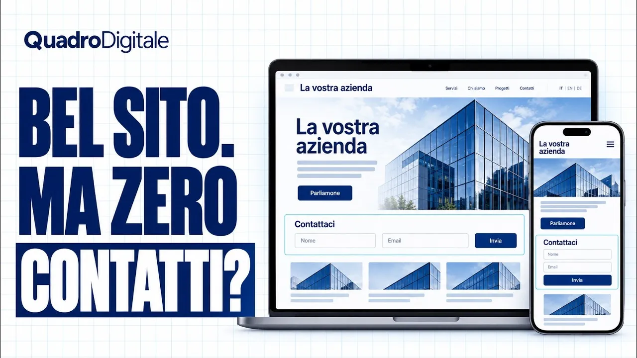 Anteprima video QuadroDigitale con il testo «Bel sito. Ma zero contatti?» e un sito aziendale con modulo «Contattaci» mostrato su laptop e smartphone.